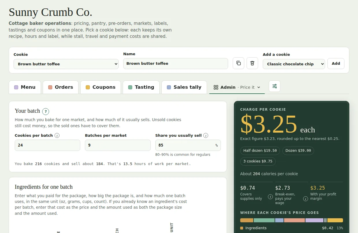 The back office on a laptop: the price calculator under the menu tabs
