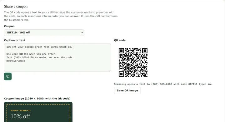 Coupon share screen with caption, QR code and coupon image