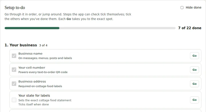 The setup to-do list: steps grouped into phases, some ticked automatically, each with a Go button