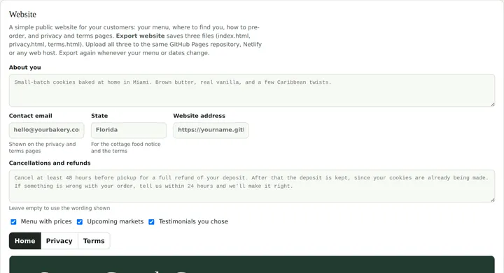 Website settings with about text, contact and refund policy