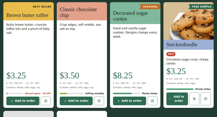 Menu board cards with live stock bars: one card says Almost gone, 16 left
