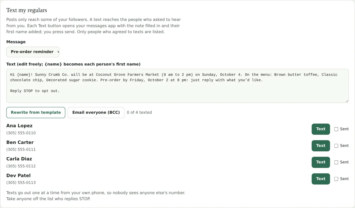 Text my regulars: a pre-order reminder and a list of opted-in customers with Text buttons