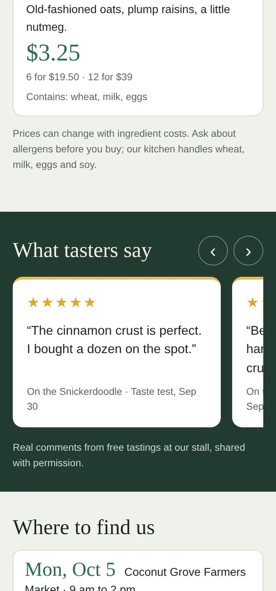 The same site on a phone, showing the What tasters say slider with a five-star comment on the Snickerdoodle