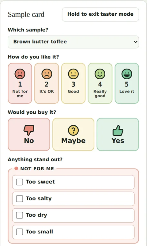 Taster mode on a phone: pick the sample, rate it with faces, answer would you buy it, and tick what stood out