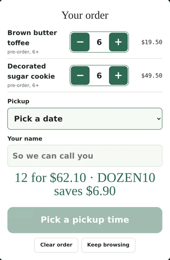 Pre-order of a dozen cookies on the menu board with the DOZEN10 coupon applied automatically, saving $6.90